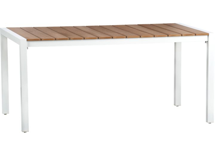 White frame wood top outdoor dining table